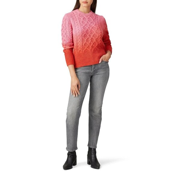 Ply-Knits Frida Pink Red Ombre Cable Knit Wool Sweater Women's Size Large L - Picture 2 of 8